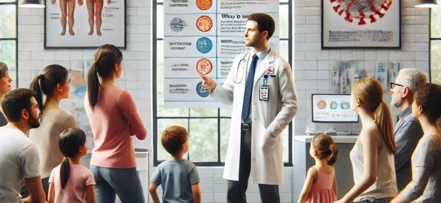 DALL·E 2024 12 27 16.56.29 A hyper realistic scene showing a modern medical clinic where a healthcare professional wearing a white coat and a name badge is explaining the impo